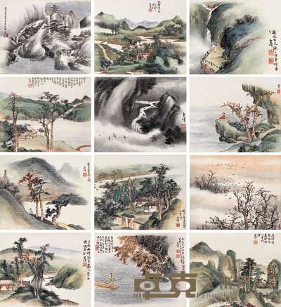袁樊 水村清夏 四屏 26×32cm×12